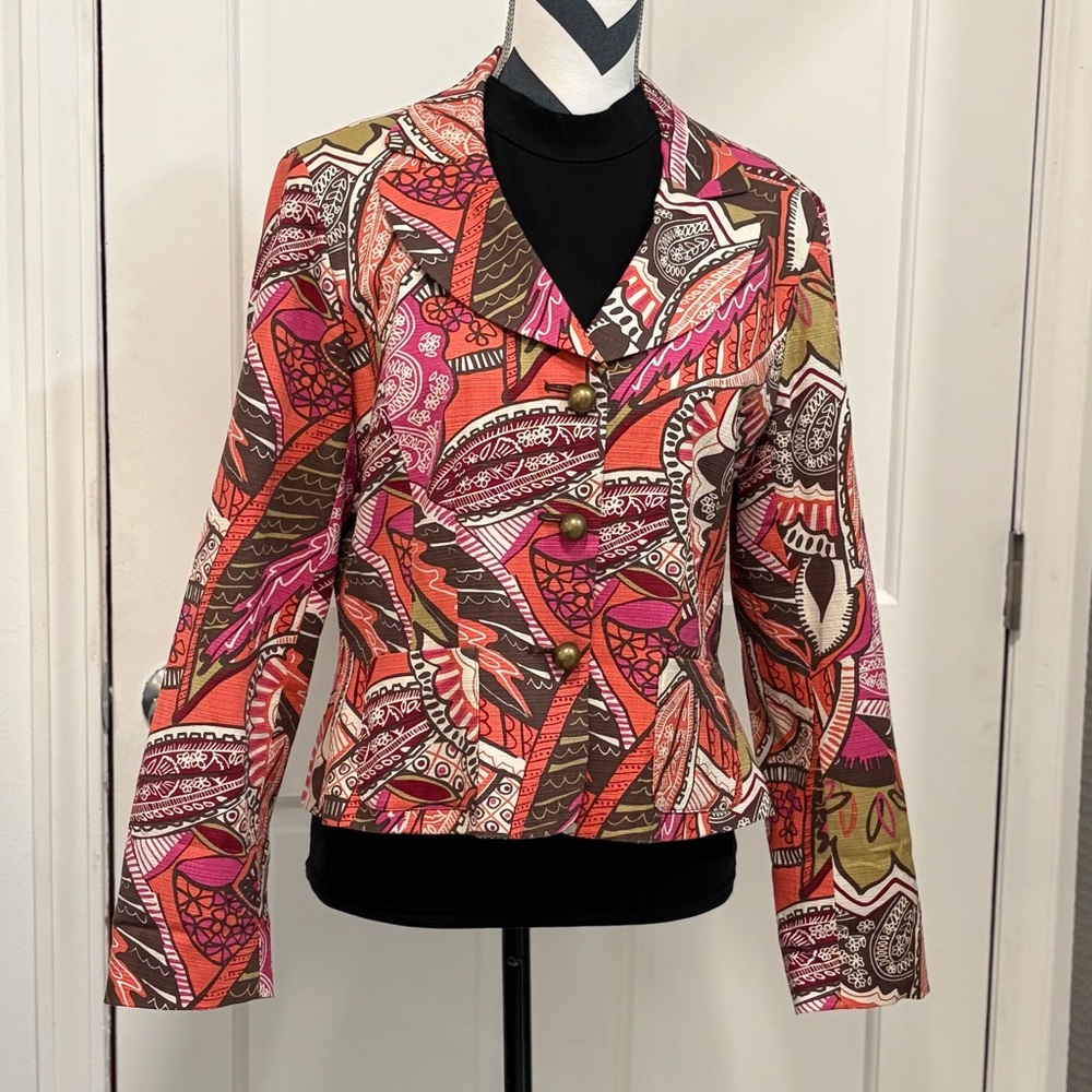 Vintage Floral‎ Blazer Jacket Multicolor Abstract Art Tropical Boho Spring Sz 10
